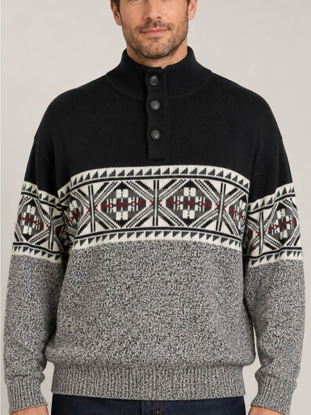 Chaps Black, Gray and White Nordic 3 Button-Front Mockneck Large Fair Isle